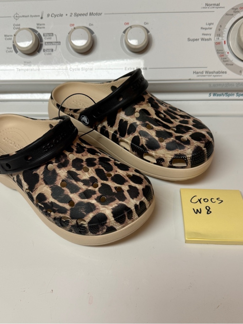 CROCS Leopard Print Clogs platform with Black Strap - Tan/Black W8 New